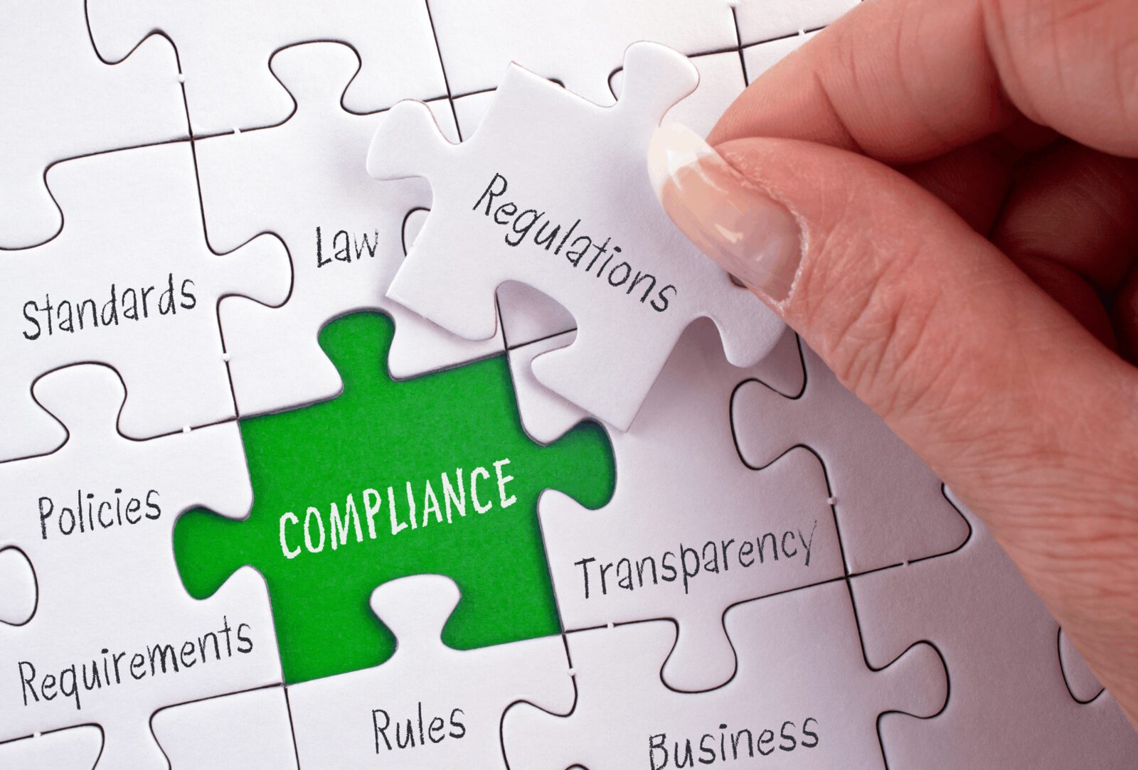 A hand places a compliance puzzle piece representing standards and regulations within a larger framework for vet compliance.