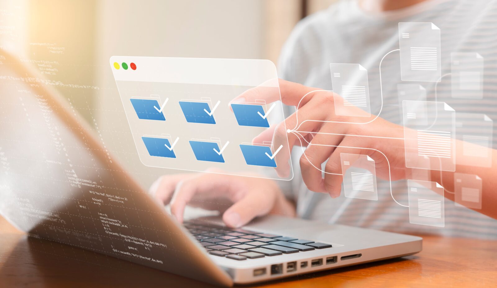 A person works on a laptop displaying a checklist interface, ensuring vet compliance.