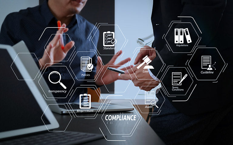 Business professionals discuss legal compliance concepts, ensuring vet compliance and quality assurance.