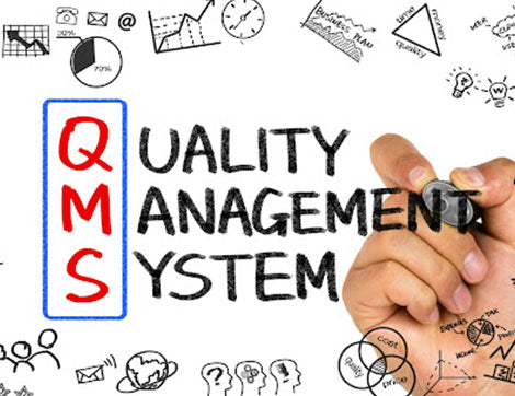 A whiteboard displays 'Quality Management System' with a hand pointing to it, illustrating vet compliance.