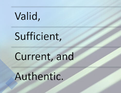Evidence Qualities | Career Calling International The graphic lists the qualities of valid, sufficient, current, and authentic evidence for vet compliance.